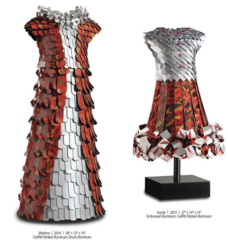Graffiti embossed aluminum sculptured dresses