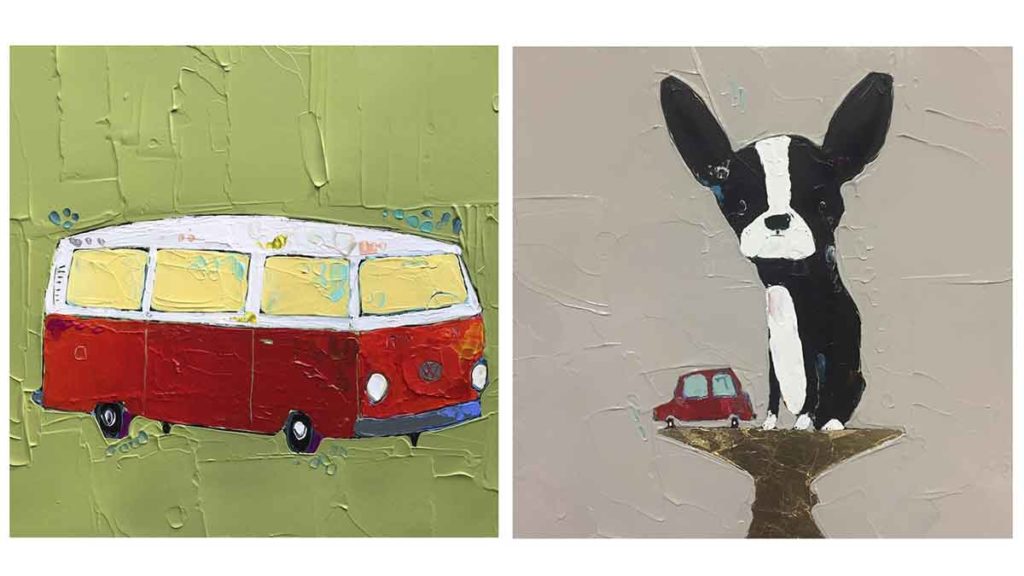 Trevor Mikula's red and white vw van painting and white and black dog painting.