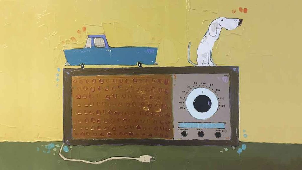 Trevor Mikula's brown radio, blue car, white dog painting.