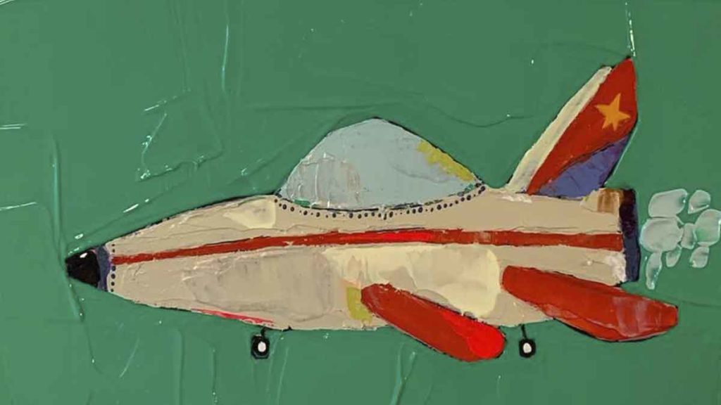Trevor Mikula's white and red plane spaceship painting.