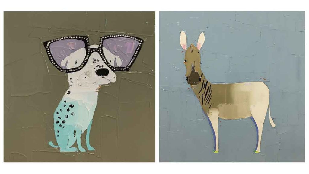 Trevor Mikula's donkey painting and white dog with glasses painting.