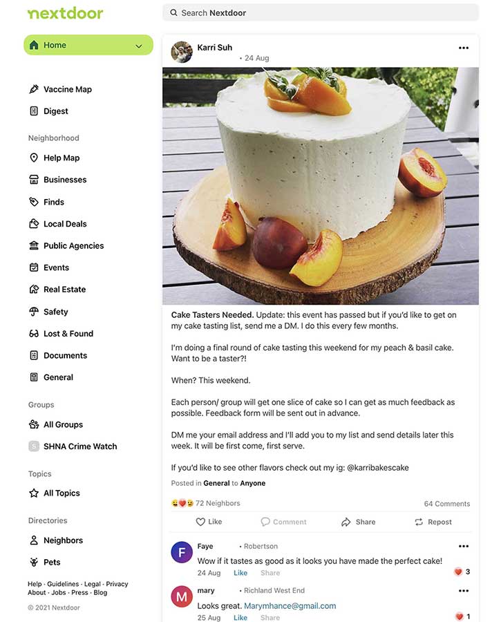 G\Hobby baker Karri Suh Nextdoor ad for cake tasters.